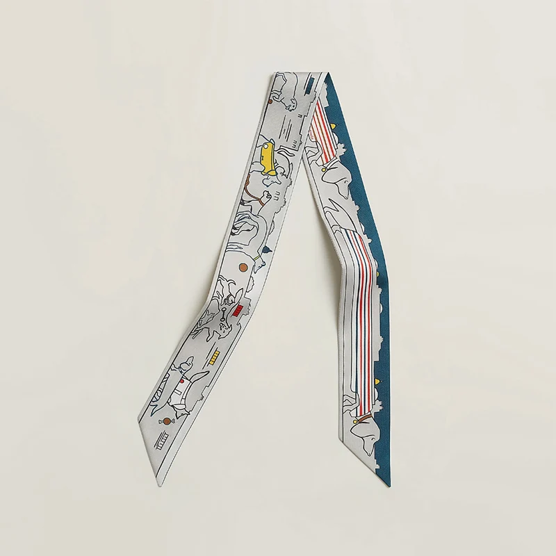 Pañuelo de Seda a Cuadros con Diseño de Perro de Amor de París, Nuevo en HK, Largo y a Rayas, 00% Seda de Morera, Lazo, Bols...