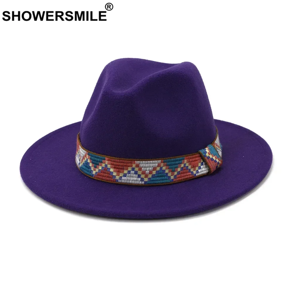 

Purple Fedora Women Men with Fashion Belt Vintage Trilby Felt Fedora Hat Wide Brim Elegant Lady Winter Autumn Jazz Caps Red Gray