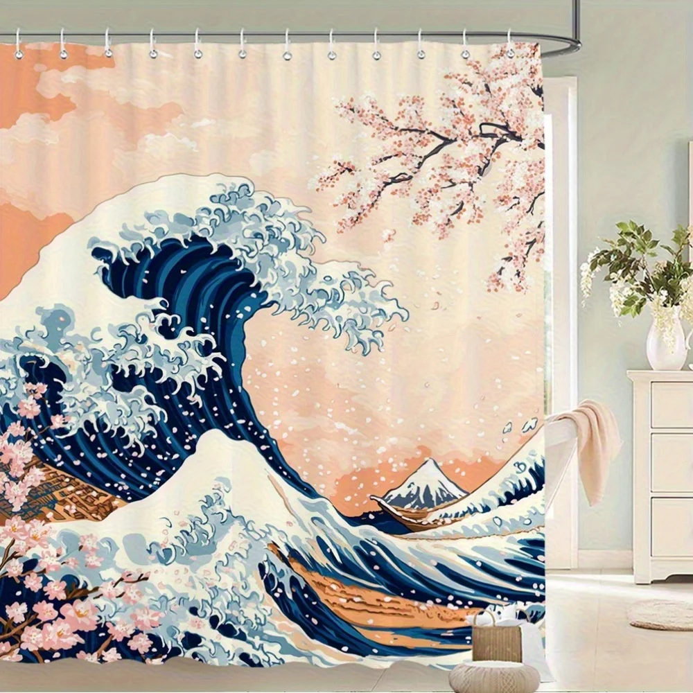 1pc Japanese Wave Shower Curtain Bath Curtain Polyester Fabric Bathroom Decor Ukiyo-E Style Great Wave Cherry Blossoms Mountain