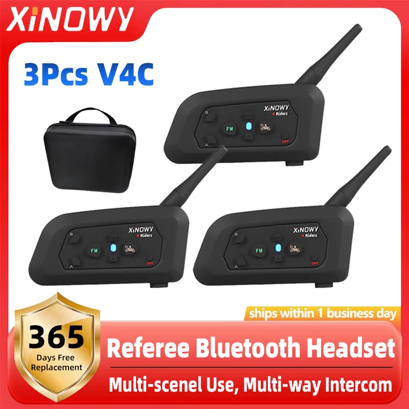 XiNOWy 3Pcs V4C Bluetooth Intercom Headset 3 Users 1200M Full Duplex Wireless Headphone Football Referee Interphone +EVA Handbag