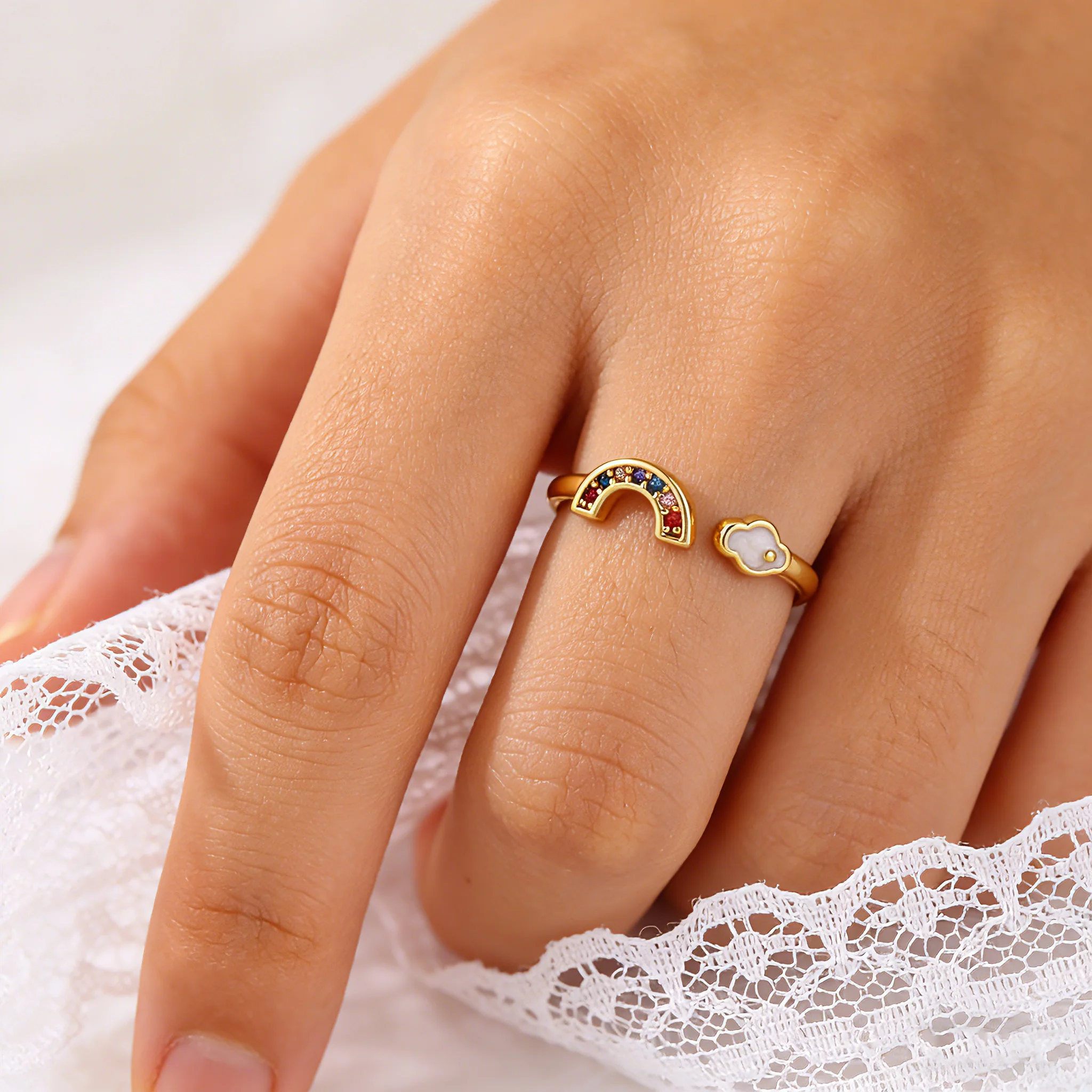 Cute Rainbow Cloud Zirconia Women's Rings 18K Gold-Plated Exquisite Jewelry Ring Anniversary Gift Anillos