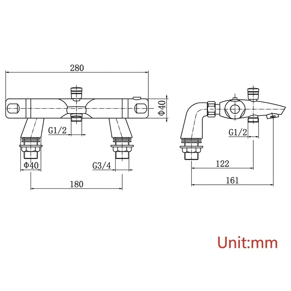 Chrome Finished Thermostatic Shower Mixer Wall Mounted Brass Valve 180mm Center Distance for Easy Installation