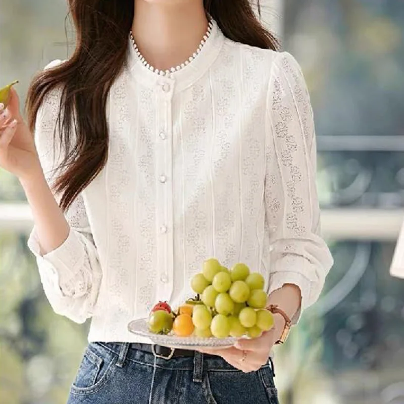 2024 New Summer Office Lady Loose Casual Bohemian Women's Shirt Hollow Out Chiffon Knittingbutton O Neck Long Sleeve Chic Tops