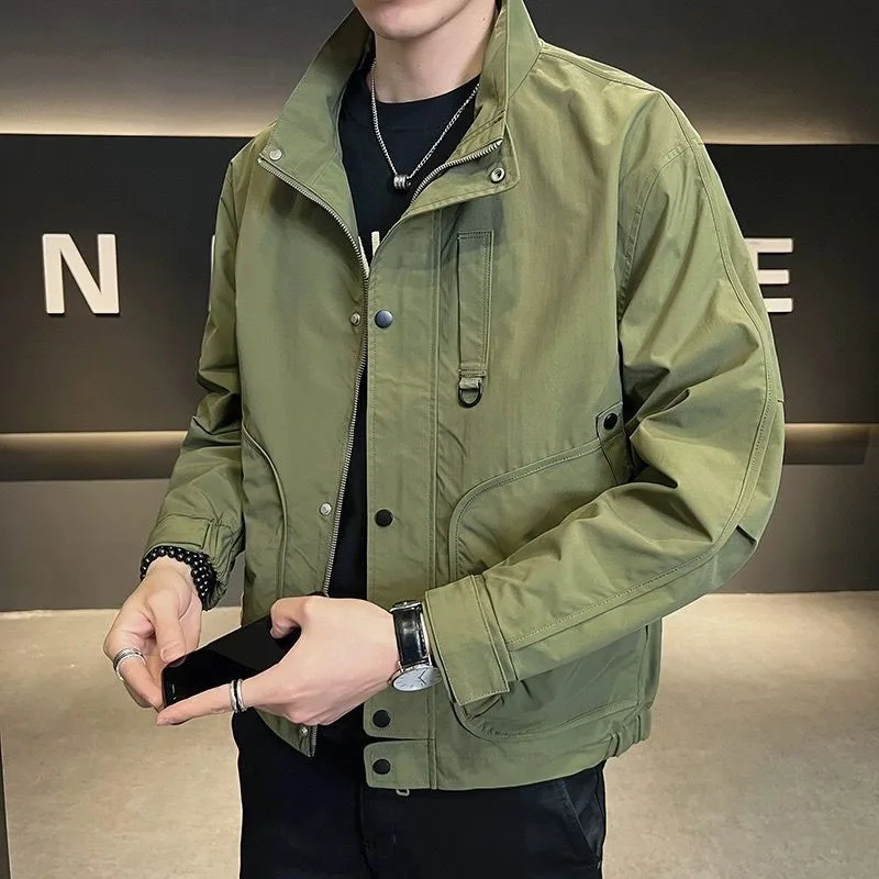 New Spring and Autumn Fashion Trend High Street Standing Collar Workwear Large Pocket Versatile Casual Style Men\'s Jacket Coat