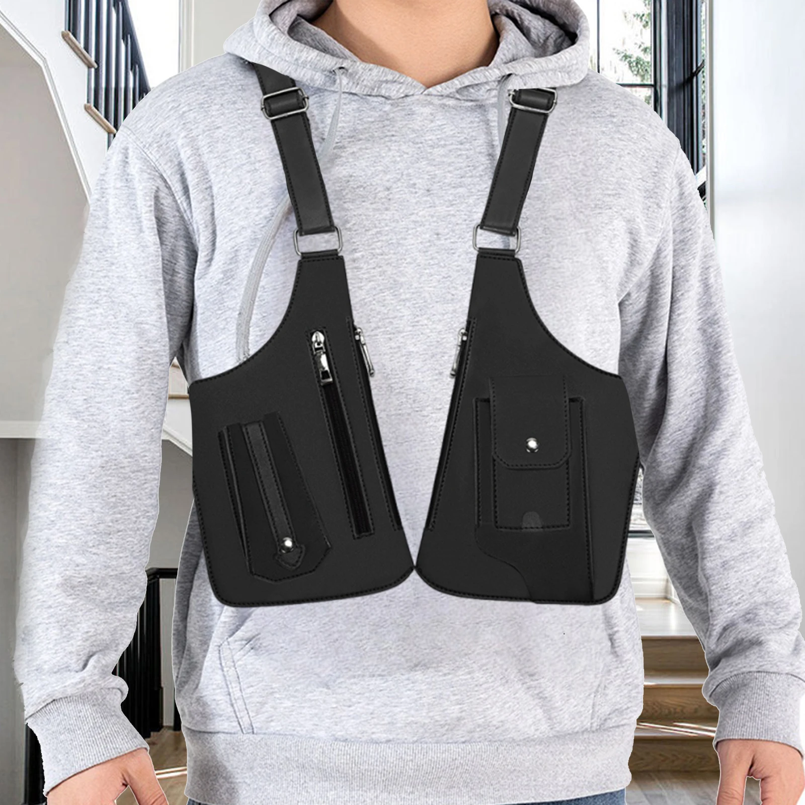 الرجال النساء بولي Leather الجلود النايلون التكتيكية سترة حقيبة صدر للرجال حزام قابل للتعديل التكتيكية على ظهره للمشي الصيد الصيد الجري ركوب الدراجات #2