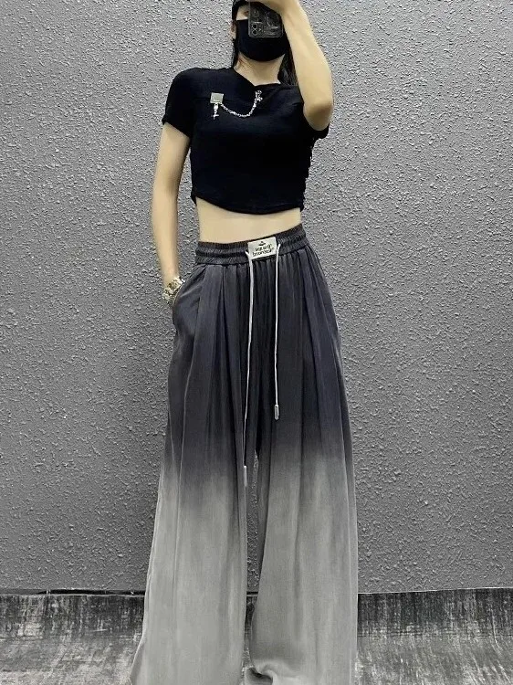 

plus Size 300 Pou American Sle adient Casual Wide Leg Pants Men's Summer New Ins High Waist Loose Fit Breathable orts