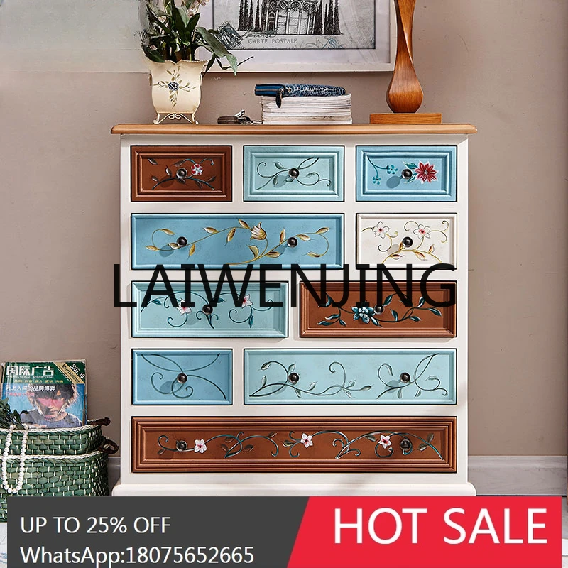 American Style Solid Wood Vintage Painted Storage Bedroom Chest of Drawers Living Room Meal Side European Style Cabinet