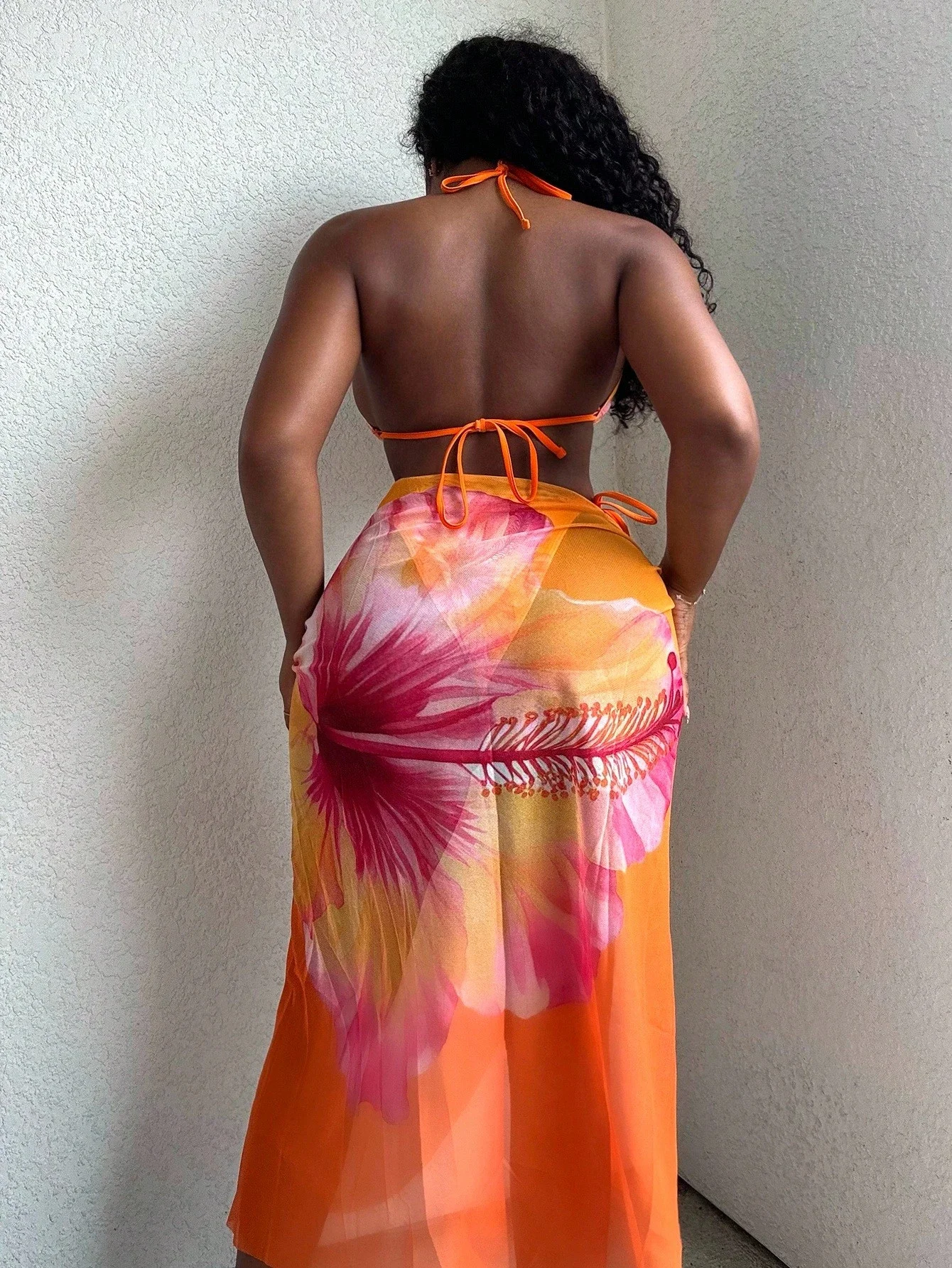 

Women's Floral Print 3 Piece Beach Set: Tie-Front Bikini Top & Bottom, Mesh Wrap Skirt