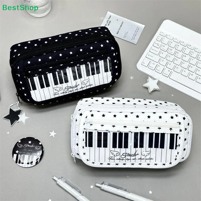〔Q〕Stars Piano Keys Ita Pencil Case With Large Capacity And Clear Display Window For Students School Stationery Storage