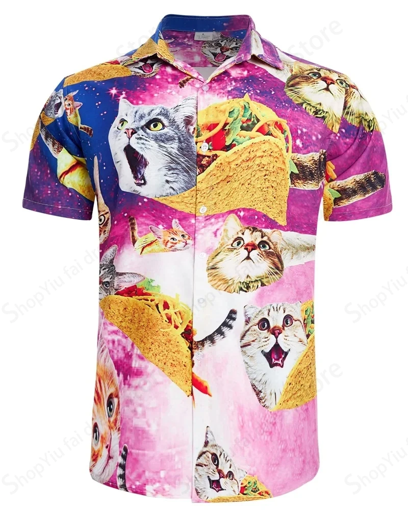 Animal Pizza Cat Print Hawaii Shirt Men Women Fashion Button Up Funny Lapel Shirts Vintage Beach Cuba blouse Turn Down Collar