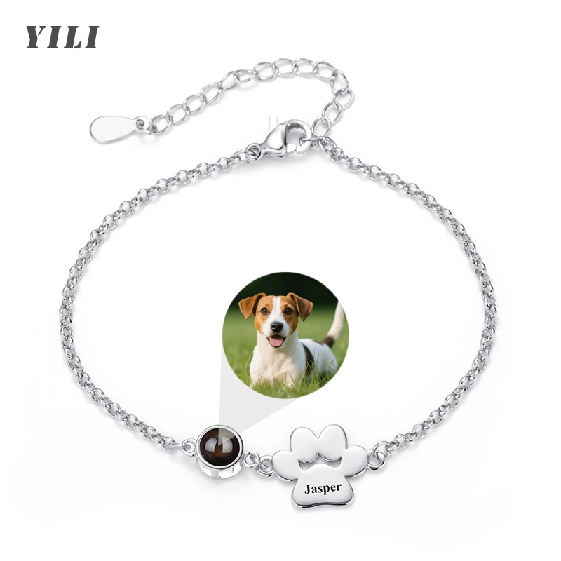 Custom Photo Projection Name Bracelets Personalized Picture Dog Cat Paw Charm Custom Name Text Pet Jewelry Gifts for Women
