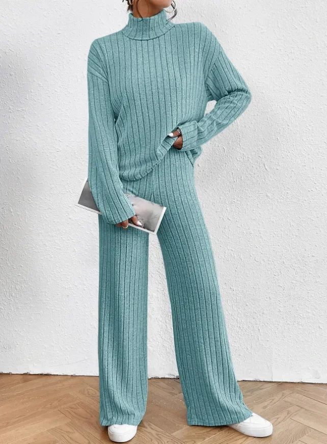 

Women Two Piece Sets Pant Set Knitted Turtleneck Matching Sets Sweaters Top Loose Casual Elastic Waist Wide Leg Long Pants