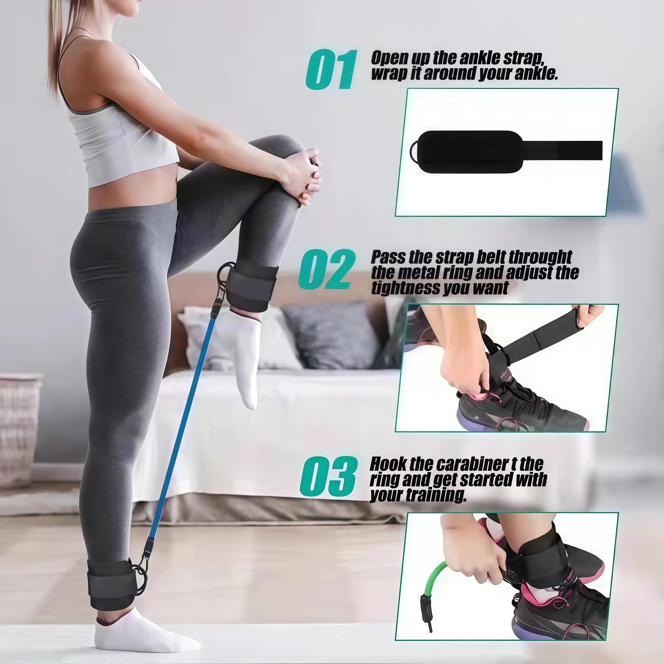 Ankle Resistance Bands Set with Ankle Cuffs, Elastic Leg Tubes for Glute Hip Workout Gym Fitness Training with Storage Bag view 4