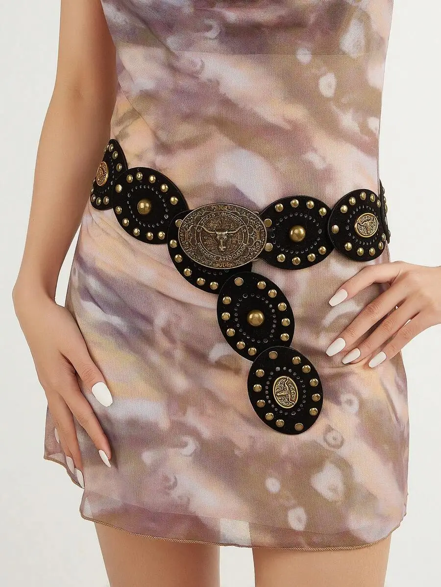 Womens Black Studded Western Style PU Belt