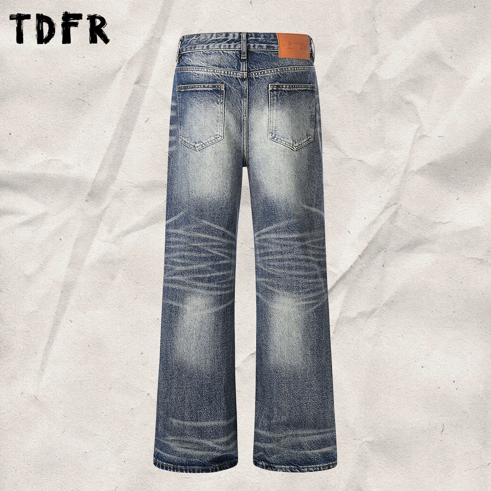 Whiskered  Washed Out Distressed Jeans Mens Retro Casual Baggy Loose Flare Denim Pants Man