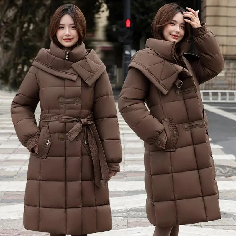 

High Quality Korean Style Mid-Length over Knee Coat Women's Down Cotton Jacket Winter Thickened Knee-Length Coat Long Sleeve