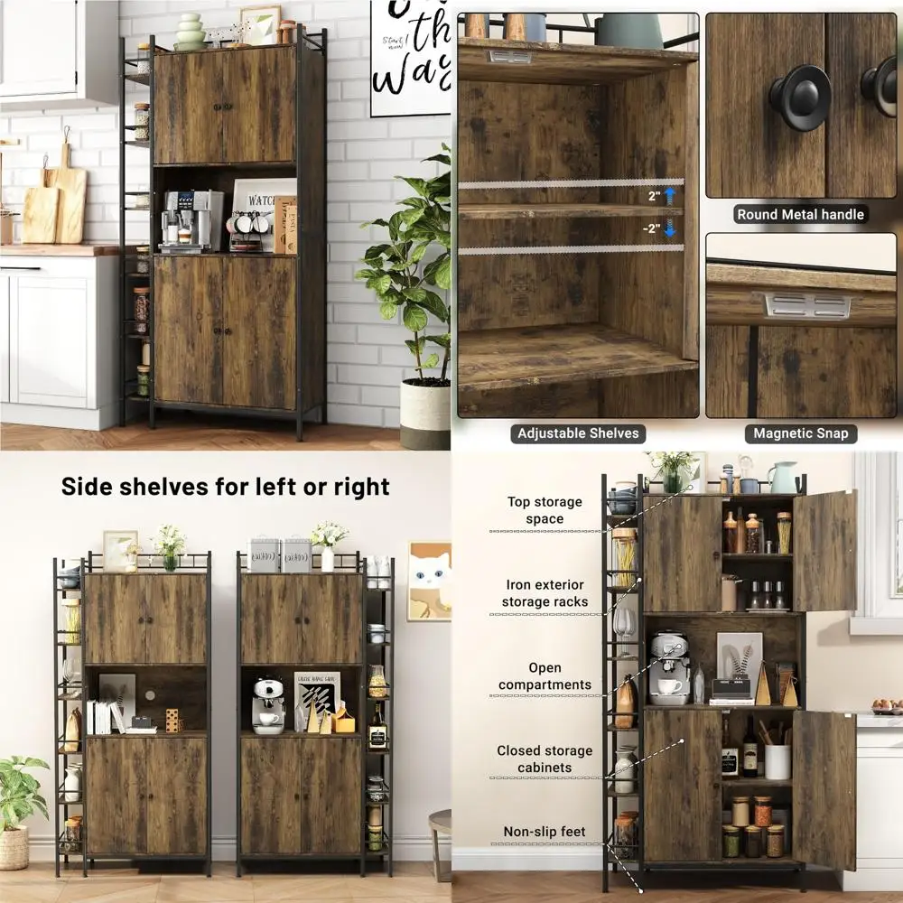 Industrial Style Kitchen Pantry Storage Cabinet, Brown Tall Kitchen Hutch with Microwave Stand, Food Pantry Cabinet with Side 6