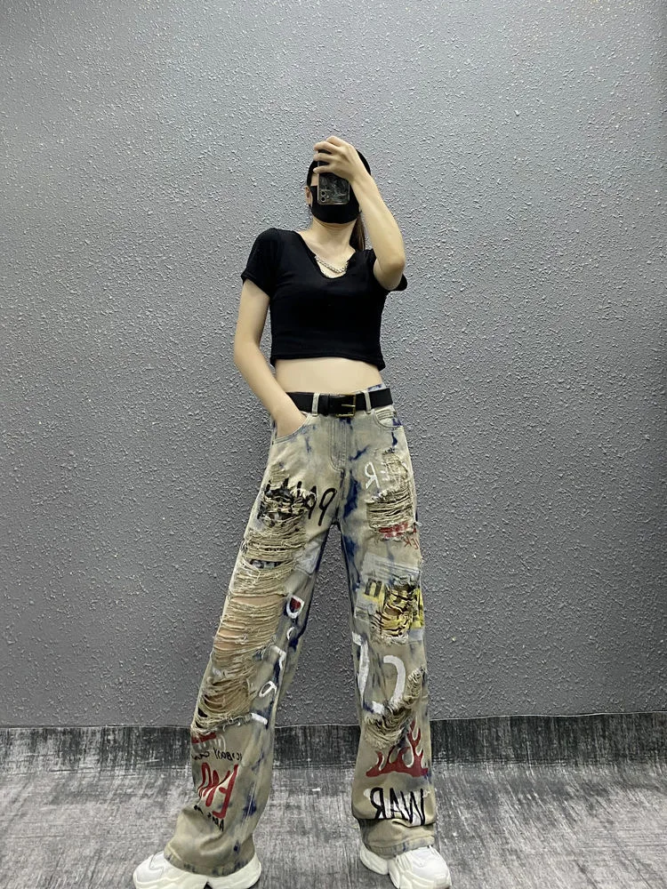 

Hip Hop Jazz Stage Performance Clothing Fashion Pants New Trendy Printed Personalized High Waisted Jeans Female