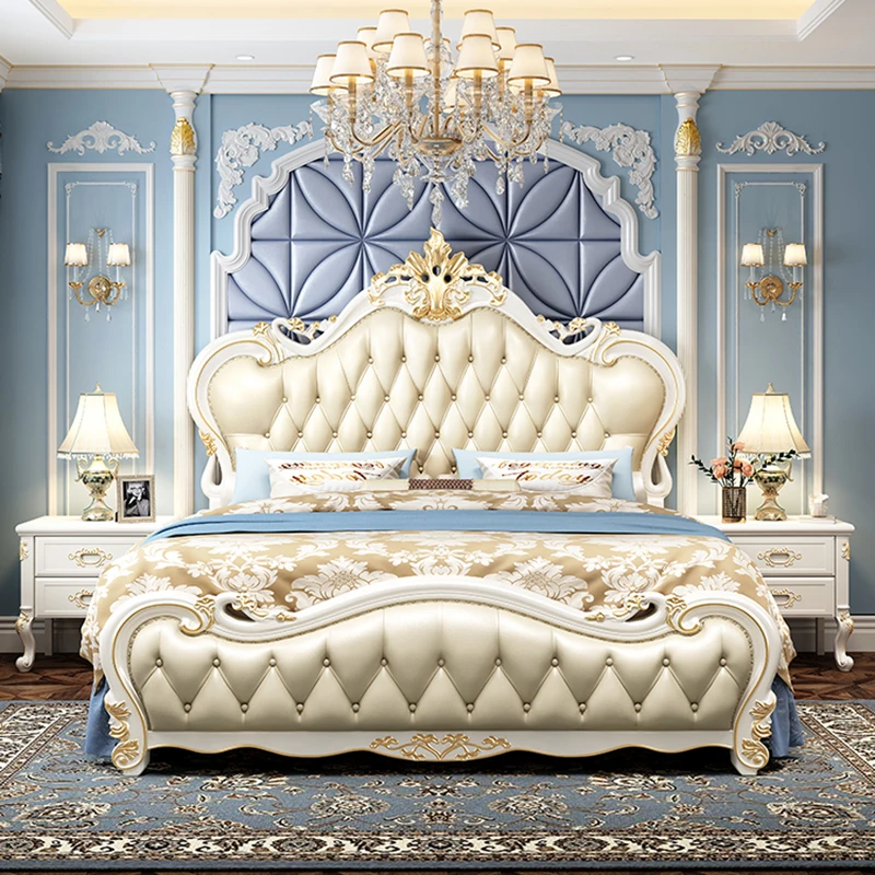 

European Style Wood Double Bed Carved Princess Leather Luxury Bedroom Queen Bed Storage Modern Letto Matrimoniale Furniture Home