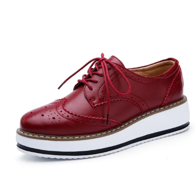 Spring Autumn Women Derby Platform Gold Flats Brogue Leather Lace Up Classic Bullock Footwear Female Oxford Shoes Lady