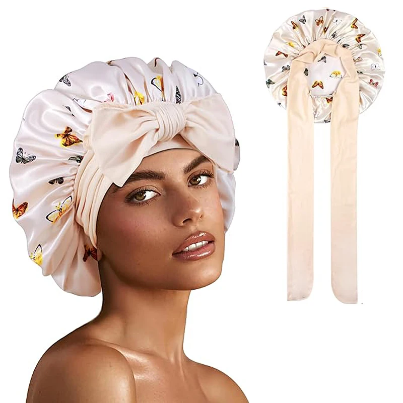 

New Satin Sleeping Cap For Women Solid Wide Band Stretch Head Tie Silky Bonnet Edge Wrap Nightcap Hair Care Shower Head Cover