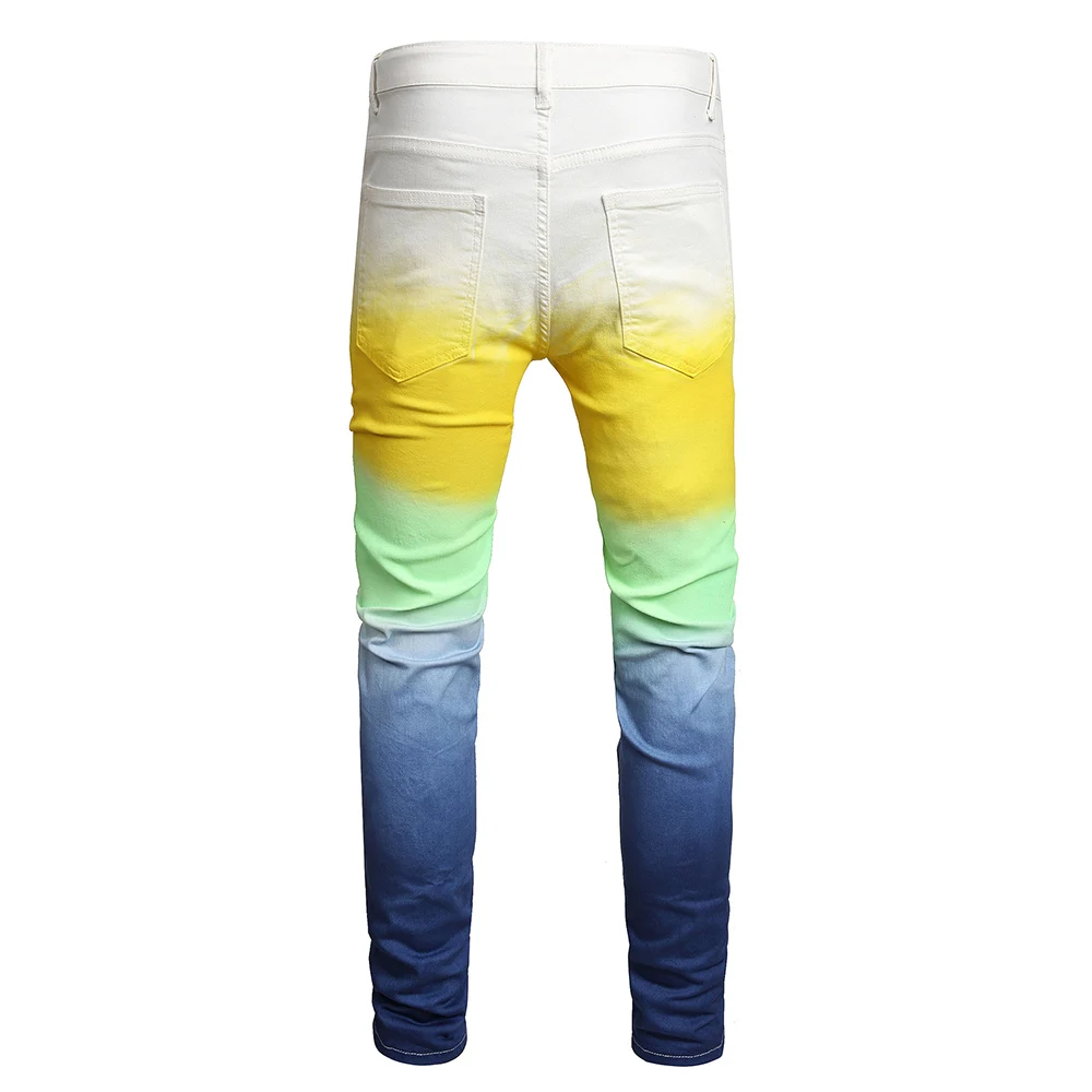 Men Tie Dye Stretch Denim Jeans Colored Painted Slim Straight Pants Yellow Blue Contrast Color Spliced Trousers