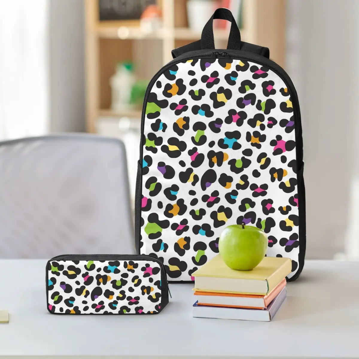 Orange Leopard Backpack Boys Girls BookBag School Bag Shoulder Bags 3ps Insulated Lunch Bag Pencil Case