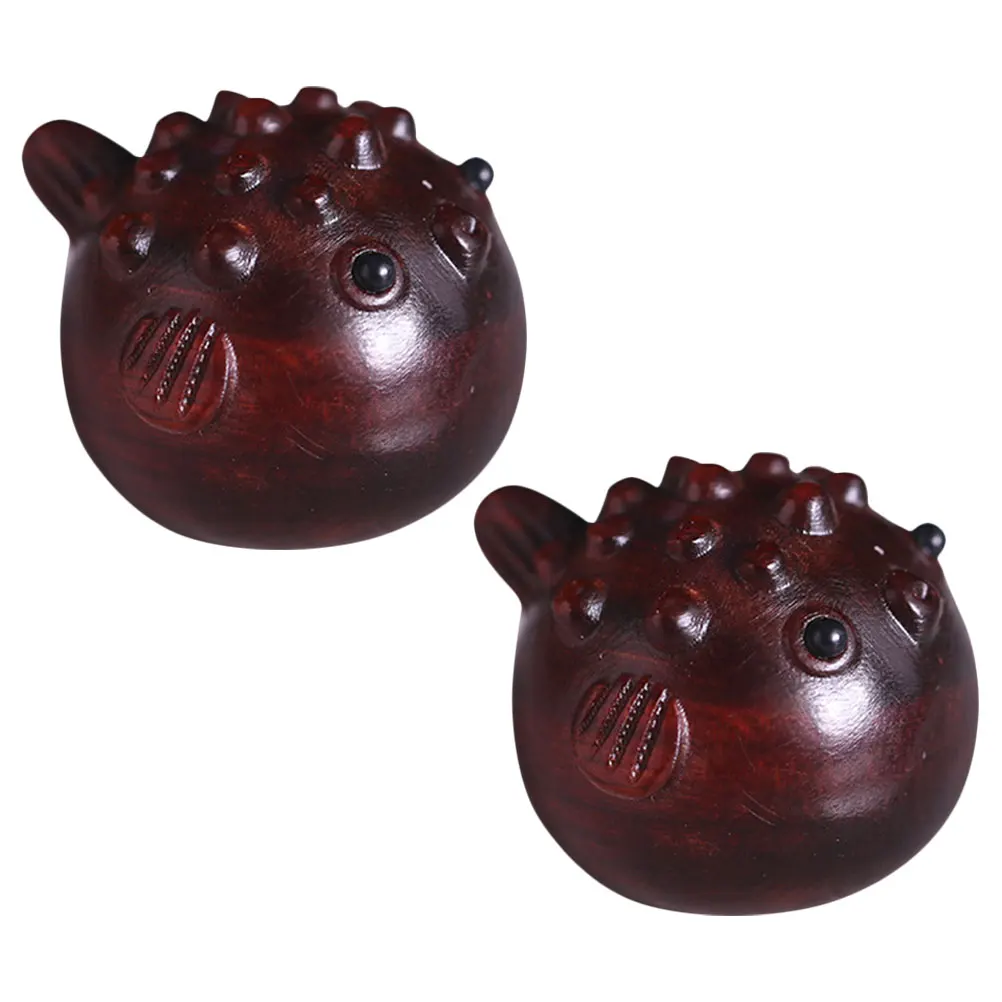 

2 Pcs Ornament Wooden Fish Decoration Home Statue Globefish Crafts