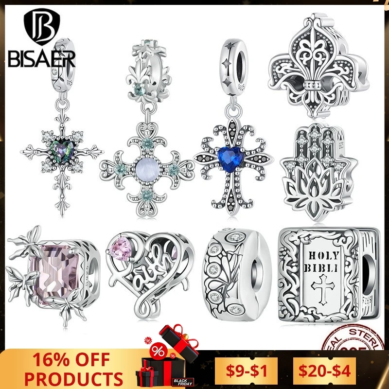 BISAER 925 Sterling Silver Faith Heart Bible Charm Bead Iris Cross Pendant For Women DIY Bracelet Ｎecklace Fine Jewelry ECC2676