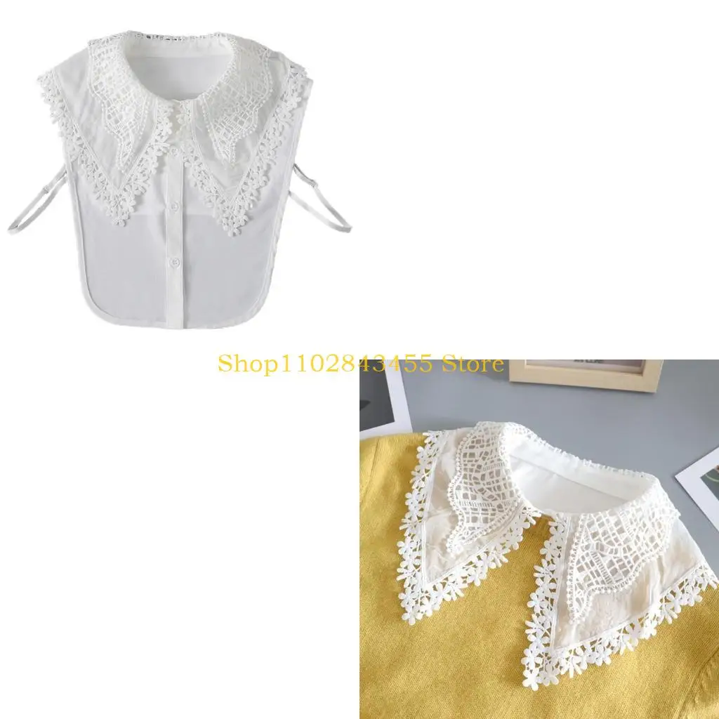 49MC Women Layered Lapel False Collar Hollow Floral Lace Half Blouse Dickey