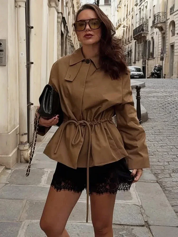 Casual Lace-Up Losse Jassen Jas Vrouwelijke Revers Lange Mouw Patchwork Pendelen Streetwear Voor Vrouwen Vintage Jassen Uitloper