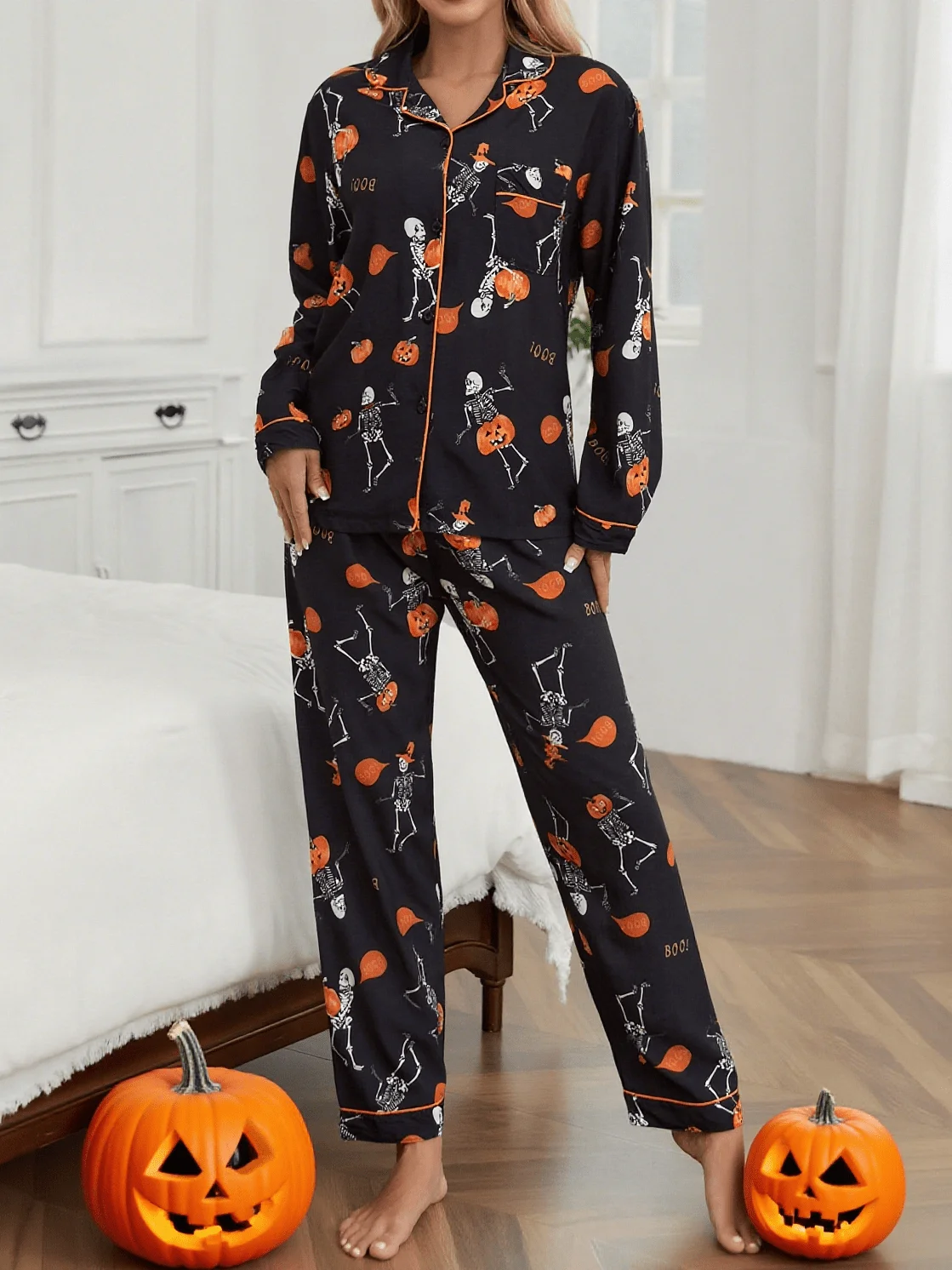 طقم بيجامة على شكل يقطين/جمجمة للهالوين مكون من قطعتين - بلوزات وسراويل بأكمام طويلة، جيوب شفافة متباينة، خريف/شتاء #5
