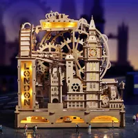 Robotime 3D Wooden Puzzle Marble Run Building Kit London City Model with Lights Mechanical DIY Landmark Puzzle for Adults Teens