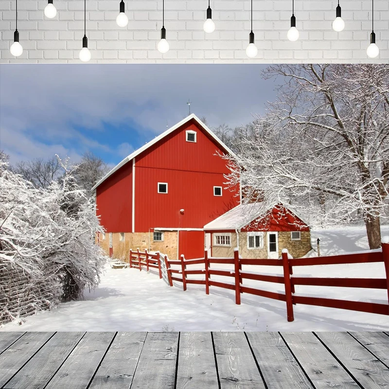 Toile de fond photographique hivernale : Barnes enneigées et sentiers tracés, paysage de village d'hiver, toile de fond pour fête, bannière murale