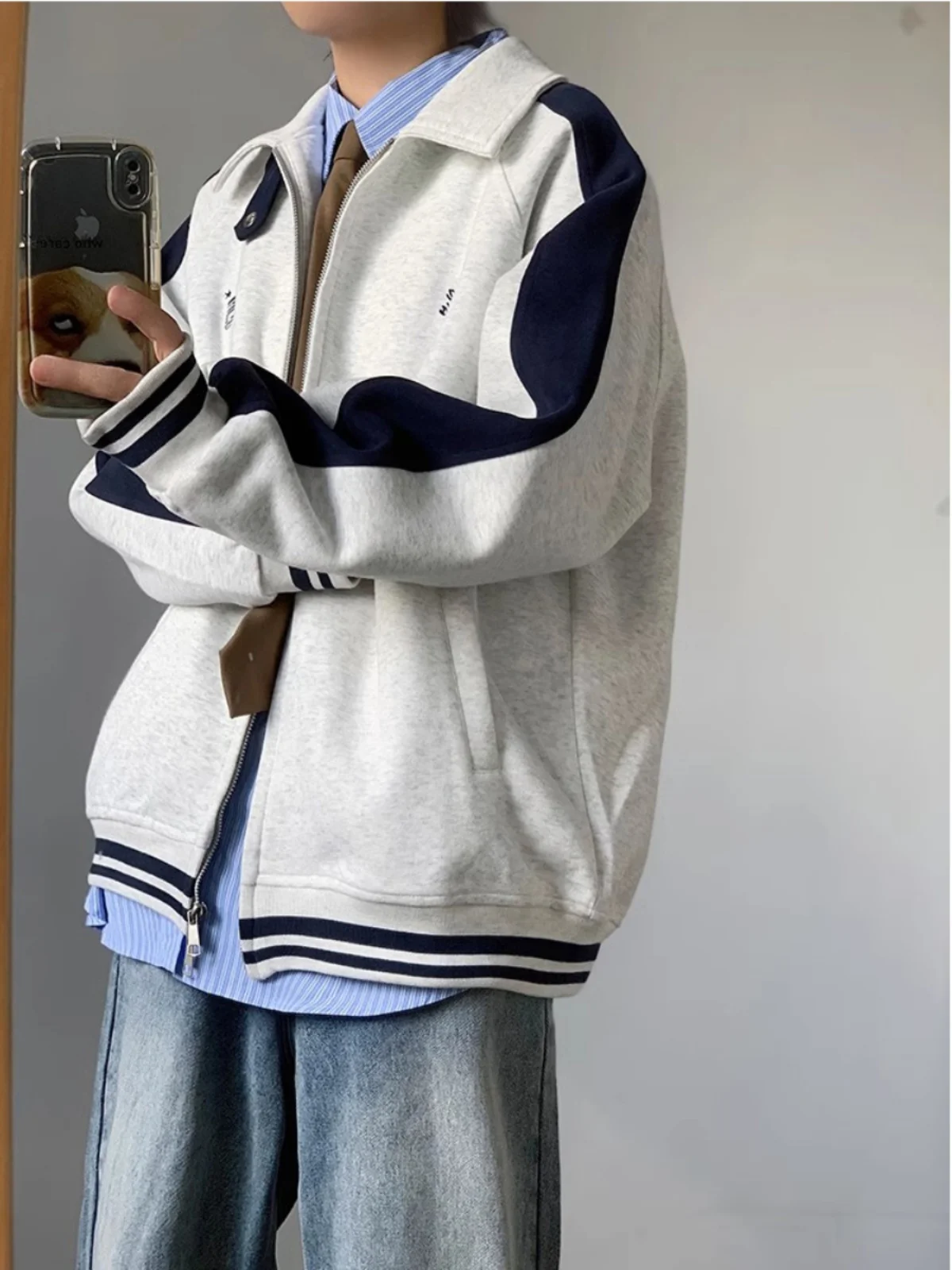 Retro Varsity Jacket Men Women Spring Color Block Stripe Collar Embroidered Hoodie Coat Loose Couples Casual Trendy Outerwear
