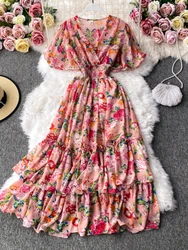 Summer Fashion Vintage Elegant Flare Sleeves High Waist Slim V-Neck Fragmented Flower A-line Dress Women Bohemian Vacation Robe