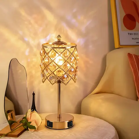 Luxurious Crystal Table Lamp with USB Type-C Charging Port and Ac Power Outlet, Modern Gold Bedside Lamp with Three Color Temperature Settings, E26 Lamp Base Desktop Lamp, Suitable for Bedroom, Living Room, and Home Decoration