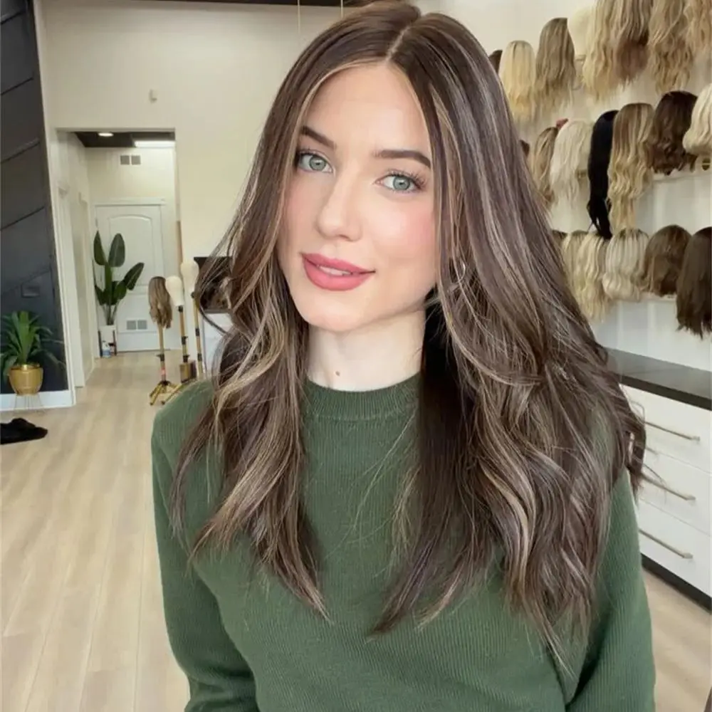 

Темно-коричневый парик с синтетическими прядями, с эффектом брюнетки, с кружевной передней частью, с центральным пробором, 13x4, свободные волны, без клея, высокое качество, термостойкий, 20 дюймов