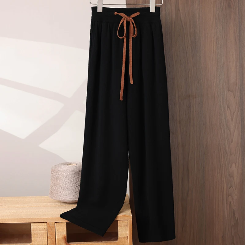 Drawstring Elastic Waist Straight-Leg 100% Cashmere Fashion Casual Long Pants Men Autumn Winter Loose Comfortable Knitted Pants