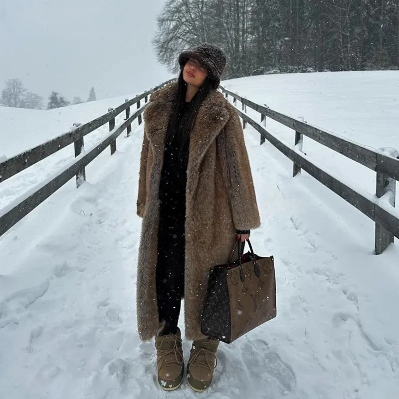 Long Fur Coat Elegant Classic Relaxed Fit Faux Fur Lapel Collar Coat Maxi Length Open Front Snow Season Thick Luxury Fashion