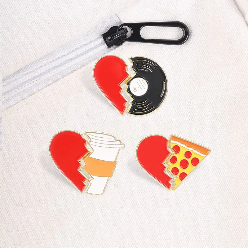 Split Heart Food Vinyl-Schallplatten-Emaille-Abzeichen, süße gebrochene Herz-Anstecknadel, Brosche, Metall-Reversdekoration für Jacke, Rucksack, Geschenk – Detail 4