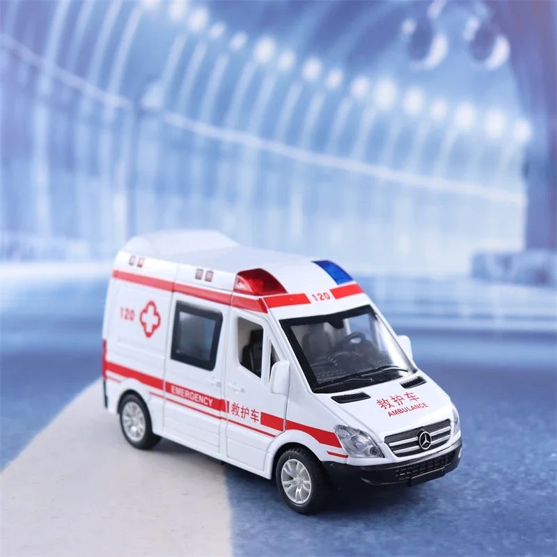 1:32 Mercedes-Benz ambulance police car Diecast Metal Alloy Model Car Pull Back Sound Light Car Children Gift Collection A95