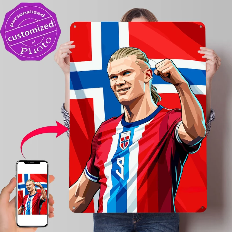Erling Haaland Celebrating With Norway Flag Tinplate Poster Customized Wall Art Retro Vintage Metal Signs for Fans Man Cave Home