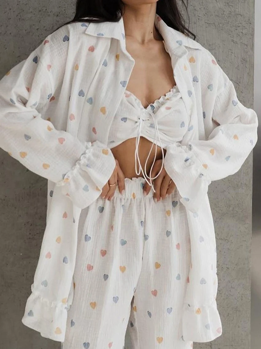 Marthaqiqi Casual Female Pajama Set Turn-Down Collar Sleepwear Long Sleeve Pyjamas Tank Tops Pants Cotton Nightwear 3 Piece Suit