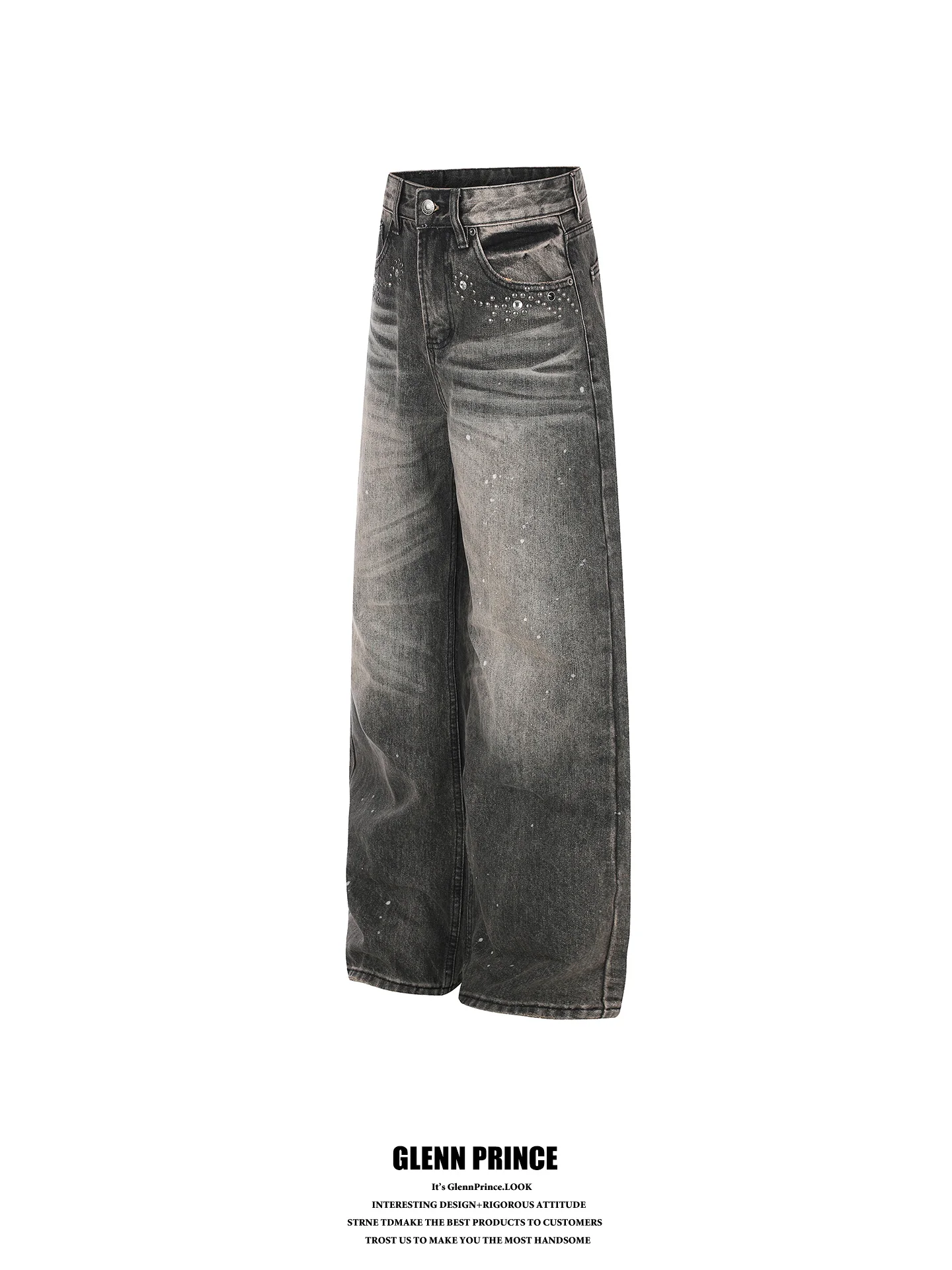 American Street Style Distressed Rhinestone Jeans Men's Design Sense 2026 Ultra Popular Straight Leg Pants Cotton Denim
