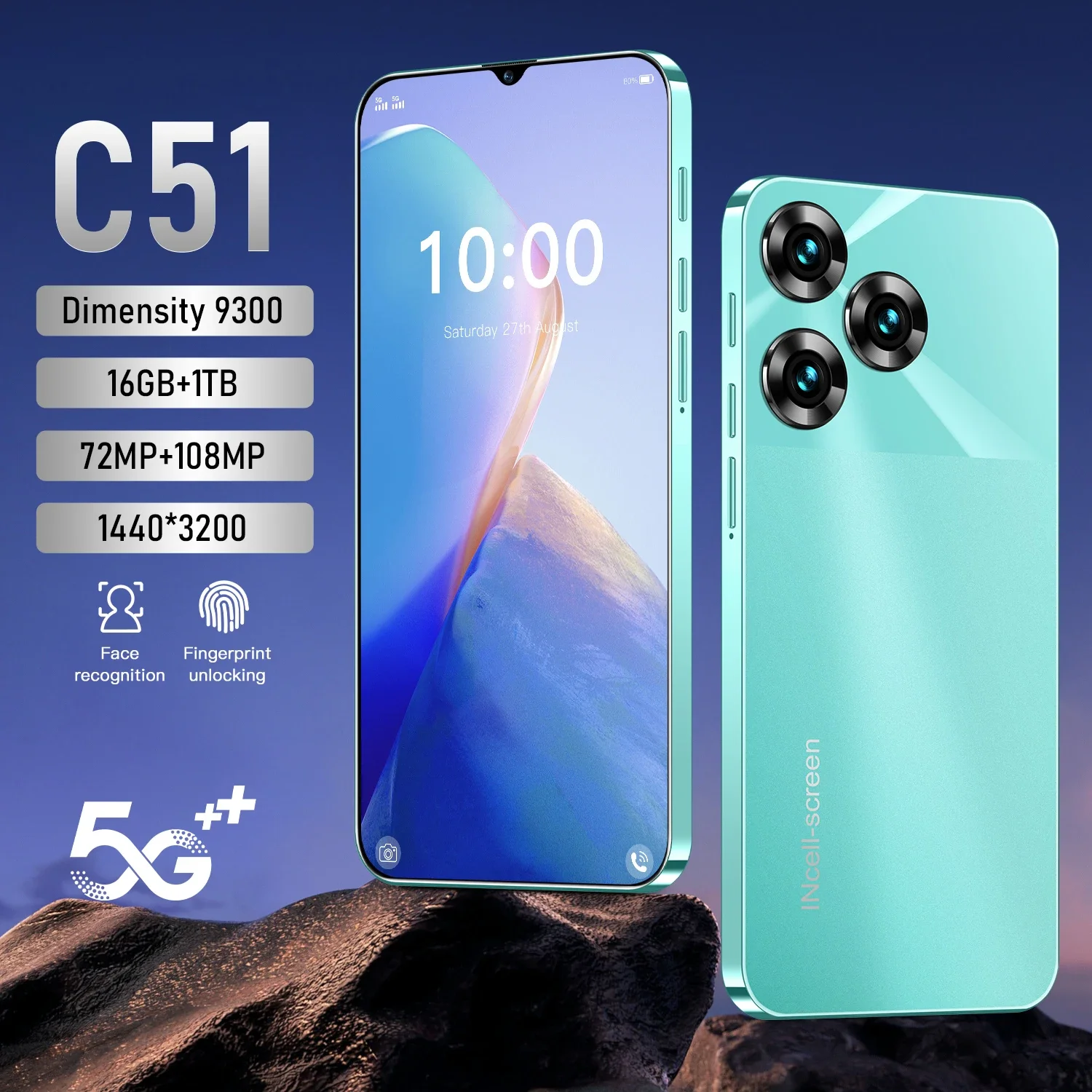 오리지널 휴대폰, C51 스마트폰, 6.8 인치 풀 스크린, 4G 5G 휴대폰, 8000mAh, 새로운 차원 9300 휴대폰, 글로벌