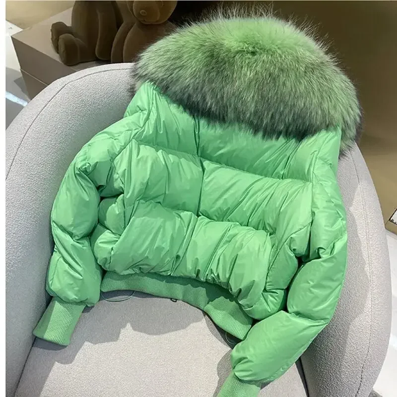 Winte Green Big Luxury Fur Collar Parka Duck Down Coat Thicken Warm Snow Parka Female Loose Puffer Jacket Outerwear Women