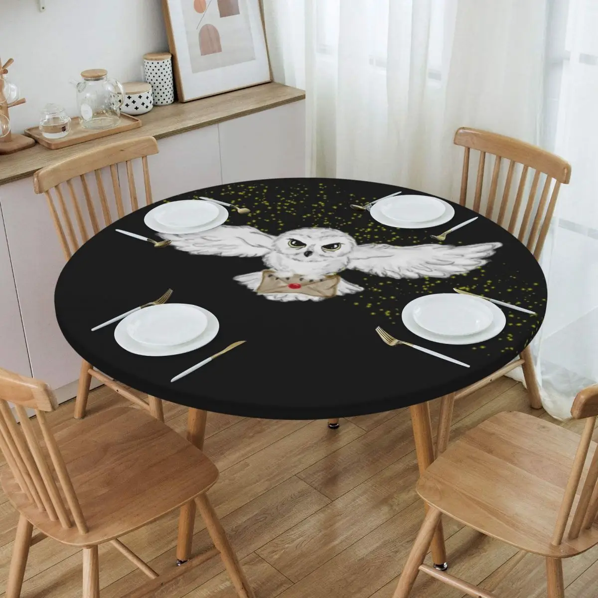 Round Waterproof Oil-Proof Owl Flight Tote Bag Tablecloth Backing Elastic Edge Table Cover 45