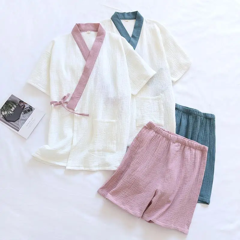 Pure Cotton Kimono Style Sleepwear Women's Summer Thin Short Sleeve Short Pants Home Clothes Set Towel Fabric with Belt