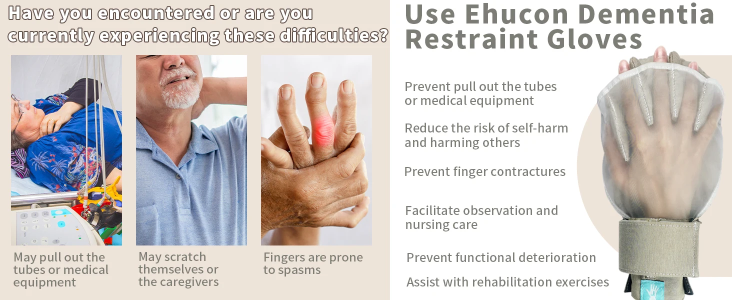 Ehucon Demenz-Fixierhandschuhe für Senioren, 2 Stück, Finger-Sicherheits-Handschuhe, Kratzschutz für Ältere/Patienten – Detail 3